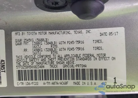 2017 Toyota Tacoma Sr5 V6 z USA, uszkodzony, nr VIN 5TFDZ5BN5HX023404